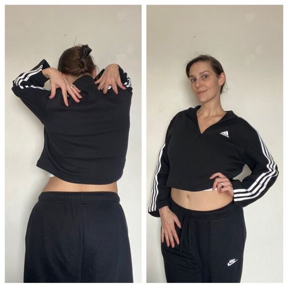 ADIDAS Crop Pullover NEW Zipper Black White Athleisure Medium Women’s - Picture 6 of 11